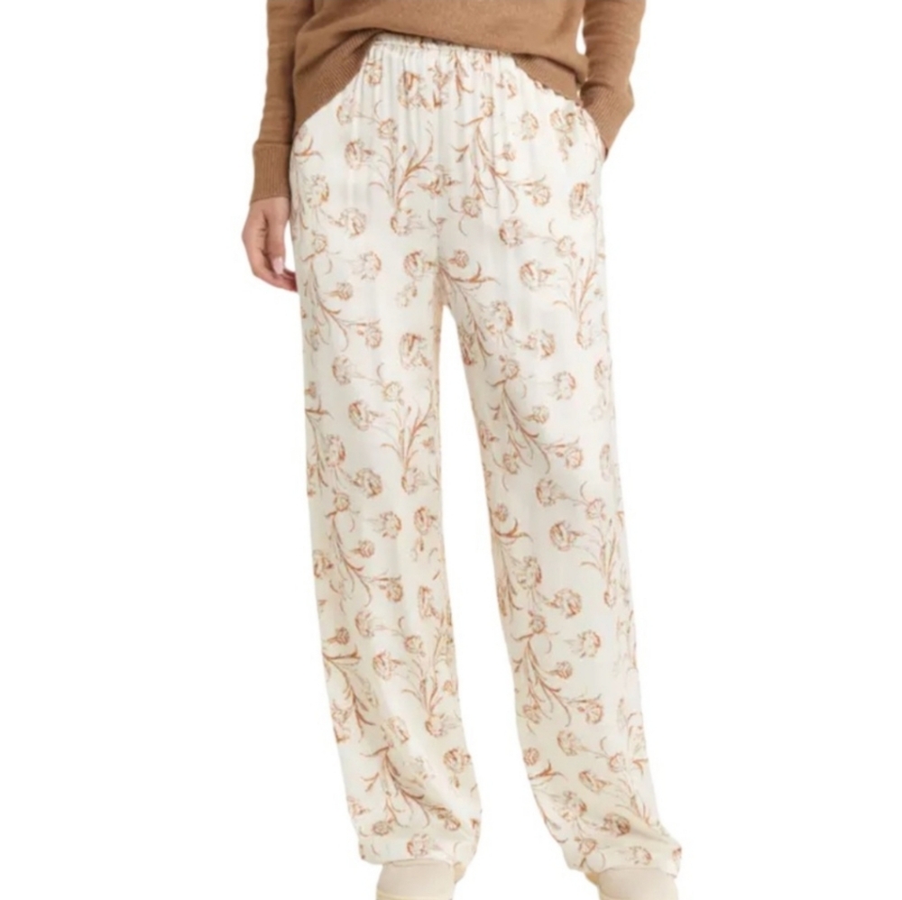 Treasure & Bond: Satin Wide Leg Pull-On Pants, Ivory-Rust Cascade Blooms, XS - Picture 2 of 8